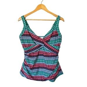 EUC Lands End Teal Striped Underwire Wrap Tankini SWIM TOP 14 DD Bathing Suit